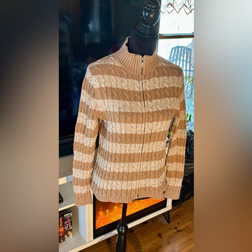 L.L. Bean Beige and Cream Striped Cable-Knit Zip Cardigan